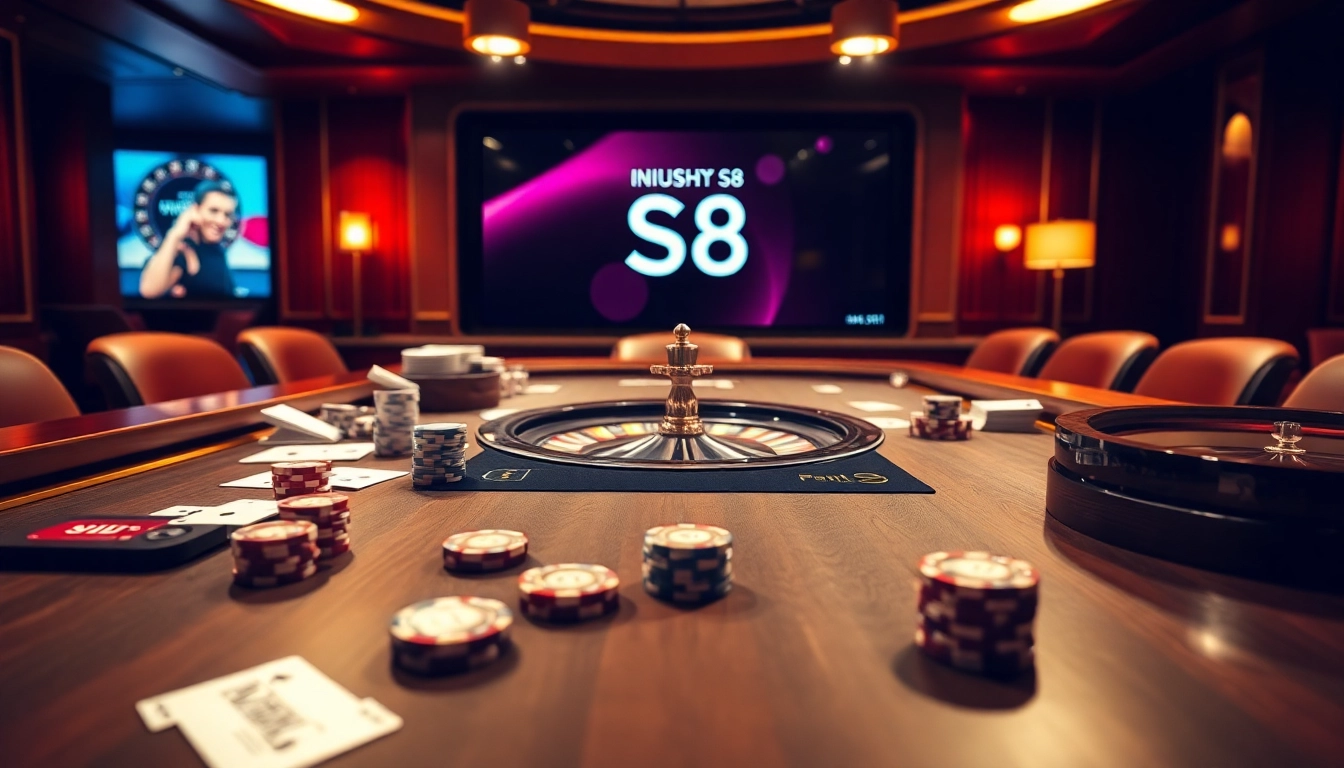 Engage in thrilling casino action at S8 with poker chips and a roulette wheel in a luxurious setting.