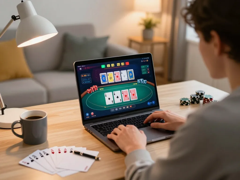 Go8 player strategizing poker bets at home with laptop in comfortable workspace.