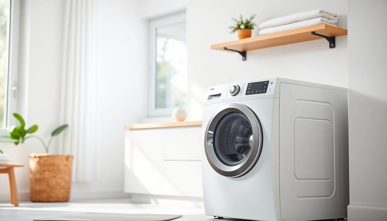 Showcase of a modern laundry machine in a pristine laundry room, emphasizing efficiency and design.