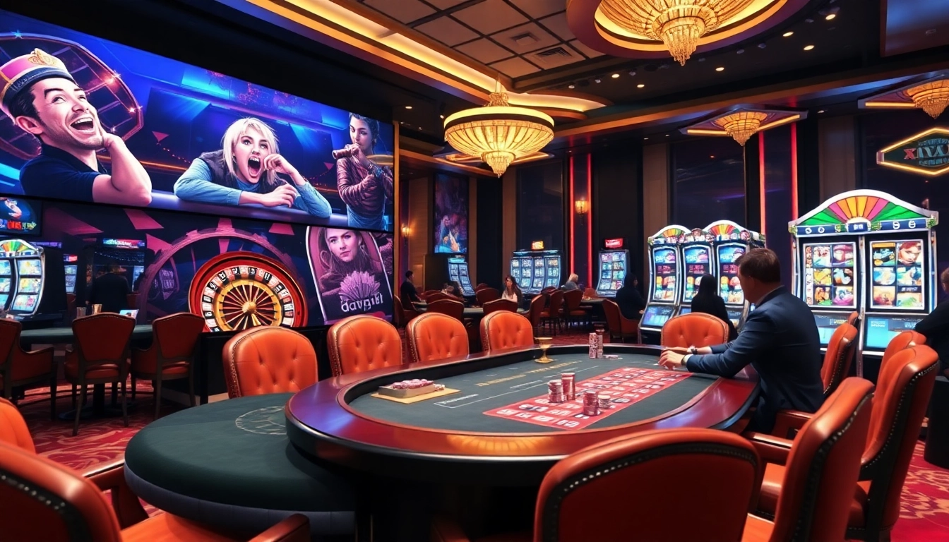 Découvrez l'excitation du casino en ligne avec des joueurs profitant du poker et du blackjack dans un cadre luxueux.