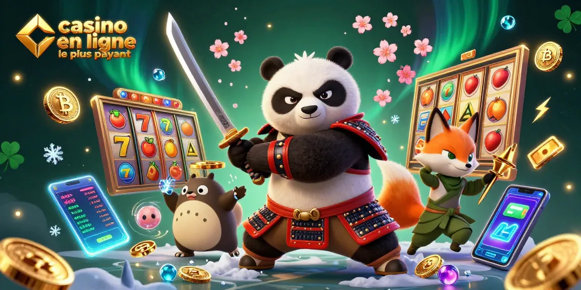 Illustration animée de casino en ligne le plus payant avec un panda samouraï, un renard ninja et un tanuki spirituel.