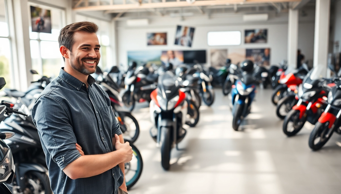 Motorrad Verkaufen Ankauf enthusiastically showcasing motorcycles to buyers in a welcoming environment.