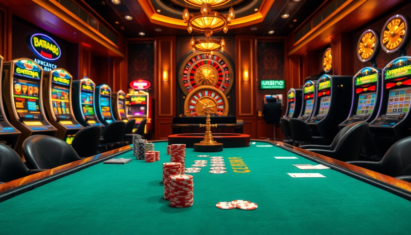 Gamblers enjoying the Batara88-themed casino experience with vibrant slot machines and poker action.