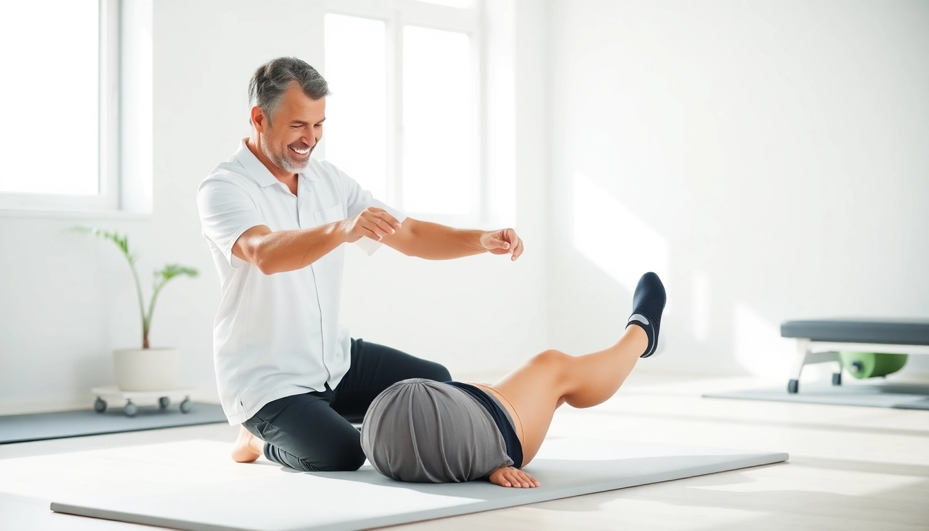 Therapist guiding athlete at https://www.fhpts.com in a bright, modern rehabilitation setting