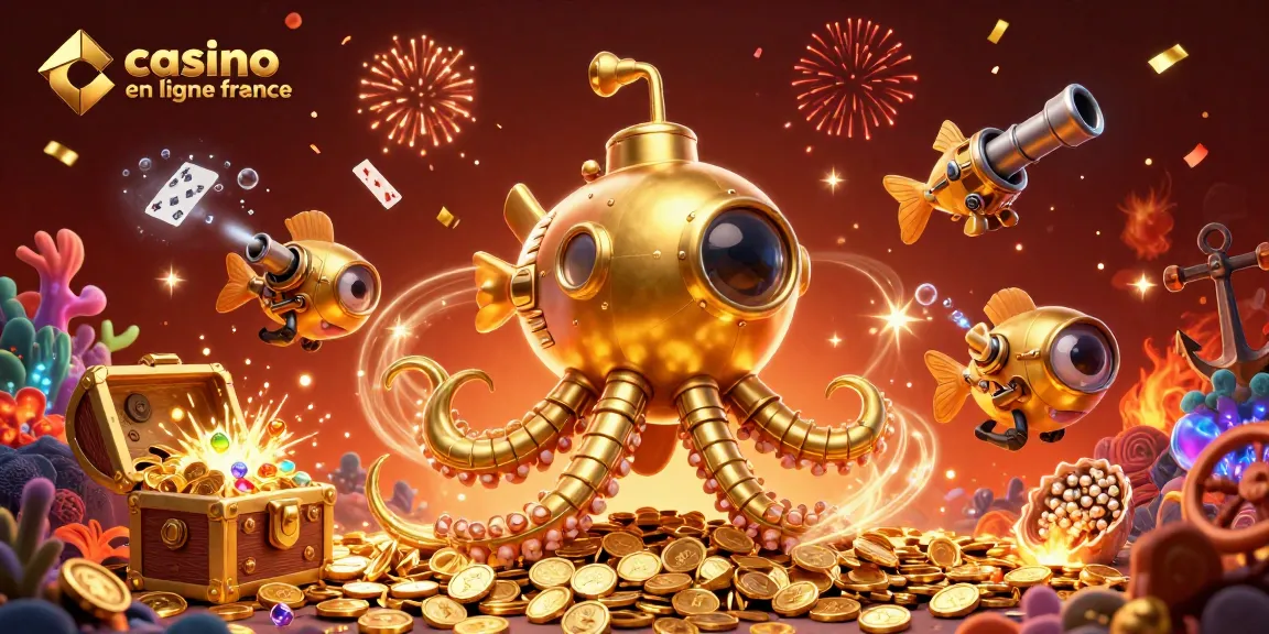 Jouez au casino en ligne France avec des machines à sous dorées et des poissons mécaniques dans un décor sous-marin.