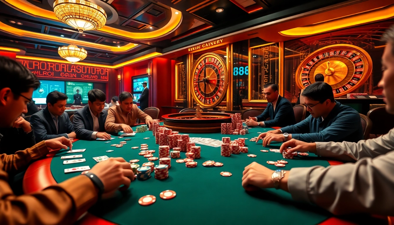 MM88 engages players at a lively poker table, vibrant chips showcasing intense gaming action.