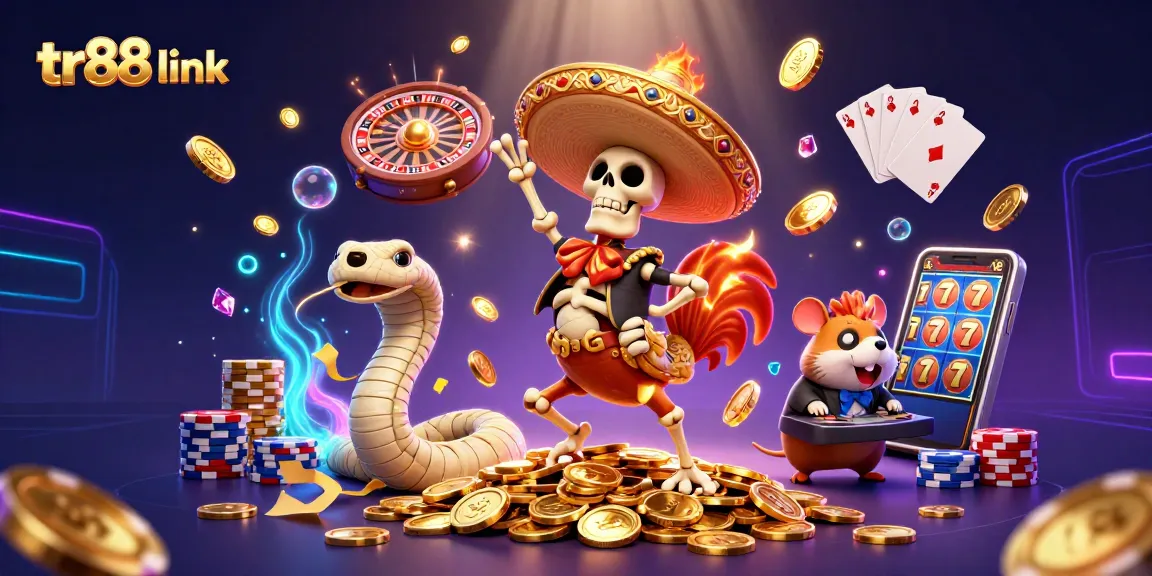 Experience the excitement of tr88 link with vibrant casino characters amidst cascading coins and gems.