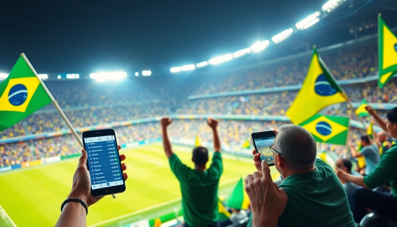 Engaged fans celebrating sports betting in Brazil during a live match.