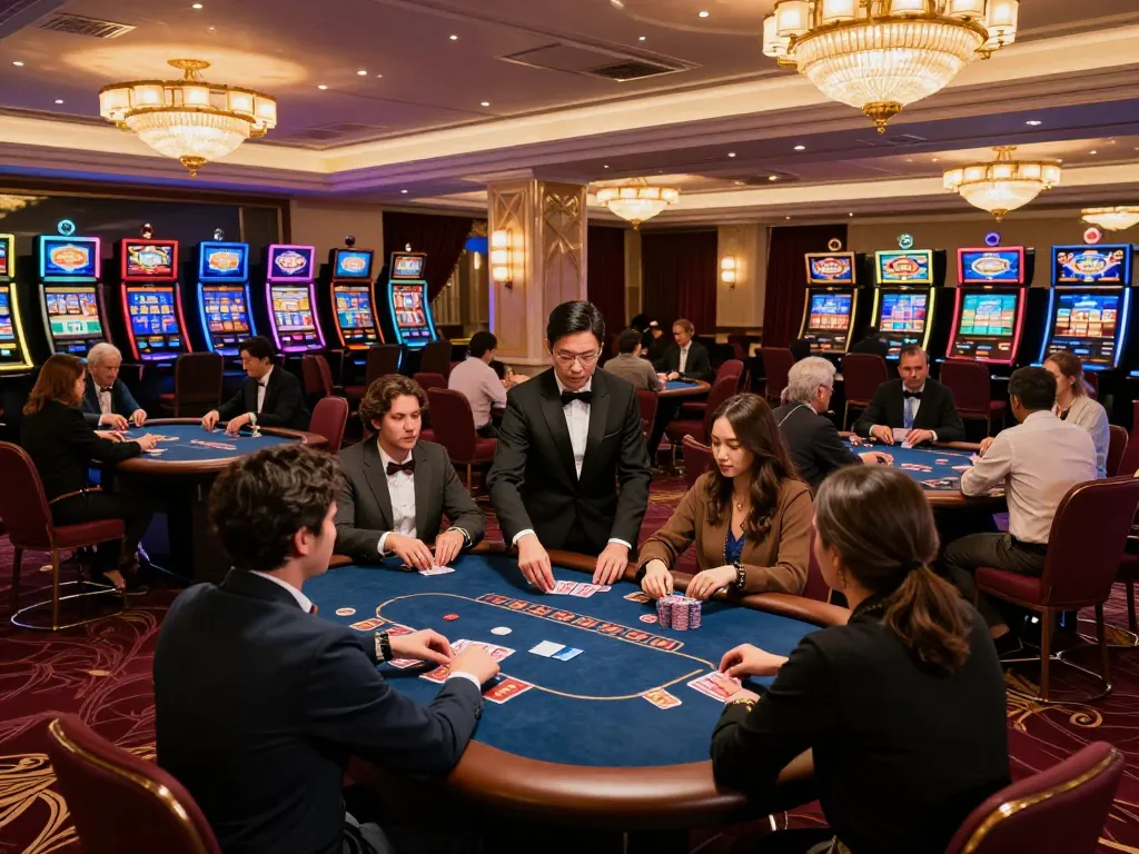 Bet 88 players engaged in exciting poker gameplay in a luxurious casino.