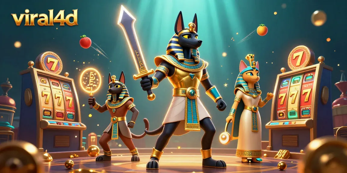 Spin the reels with Viral4D's vibrant slot action featuring Anubis and decorative elements.