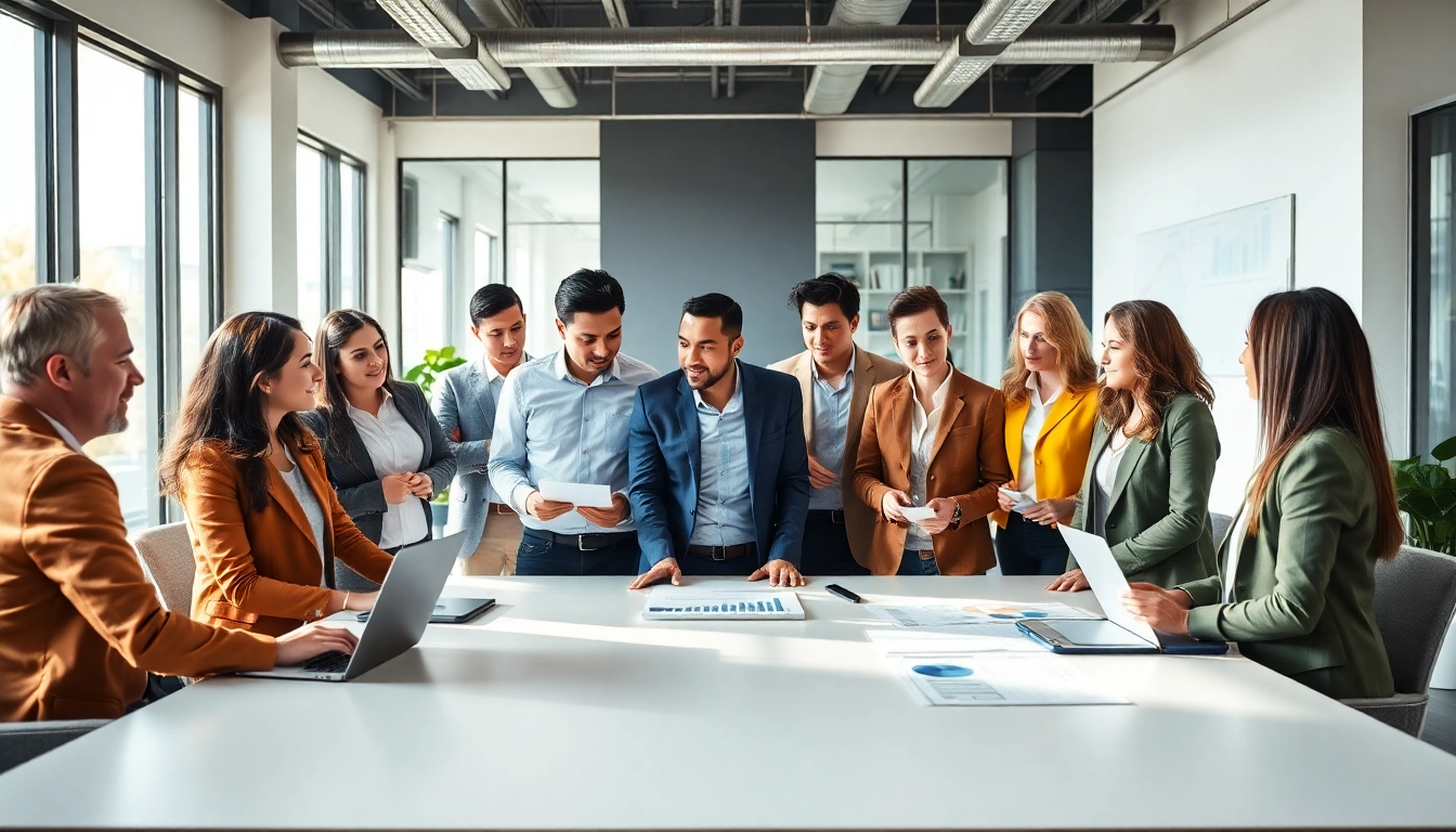 Sales professionals collaborating to hire salespeople effectively in a modern office.