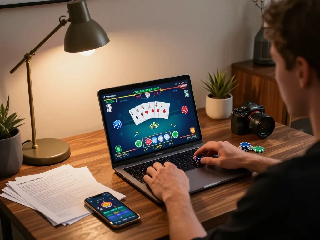 Engaged player using rr88 online poker app on laptop in stylish home setup.