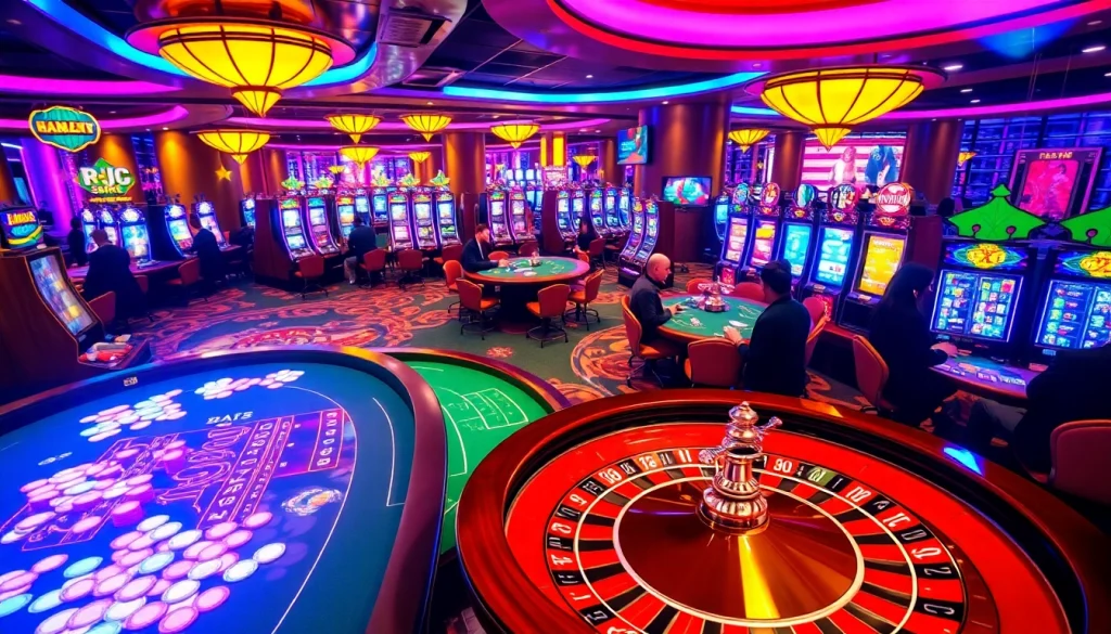 KJC AC 3 casino scene featuring vibrant tables, slot machines, and poker players.