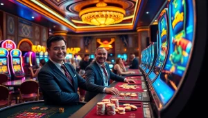 Kasinojitu memperlihatkan dealer yang ramah dan pemain yang bersemangat di lingkungan kasino yang cerah.