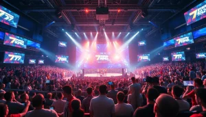 A vibrant esports arena showcasing the 79king team in a high-stakes gaming match.