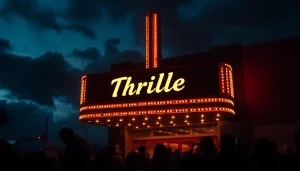 Expect chills and excitement with this nostalgic Thriller movie marquee under a dramatic night sky.