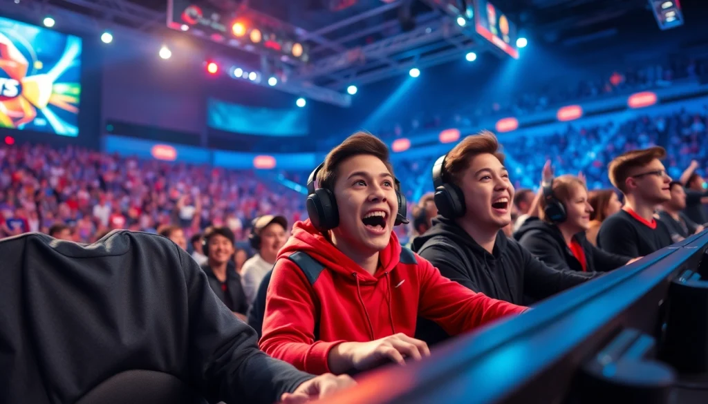 Cheering fans and intense players engaged in a tournament at https://gamelevate.com, showcasing esports excitement.