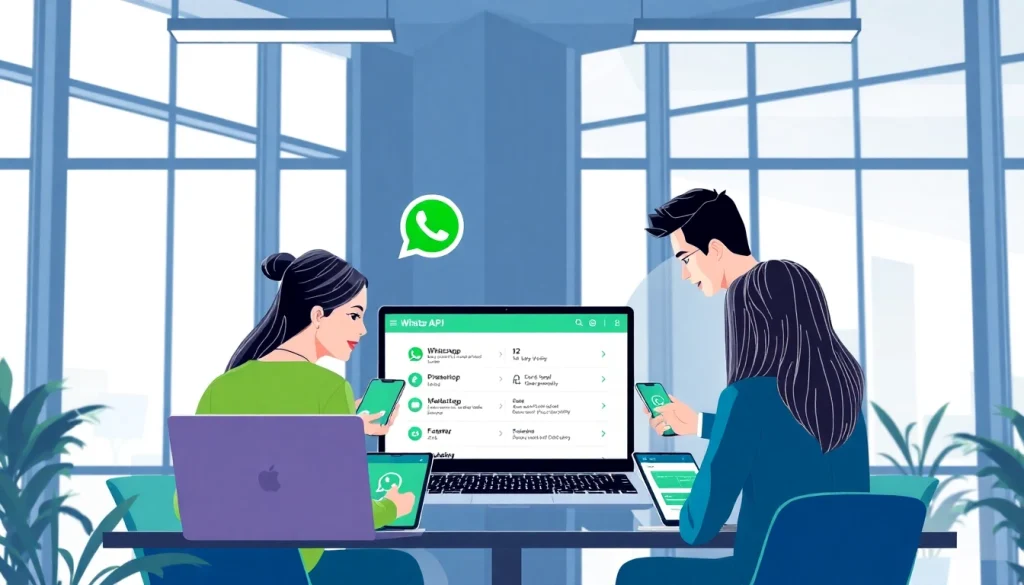 Illustration of a team utilizing the whatsapp api in a modern business collaboration setting.