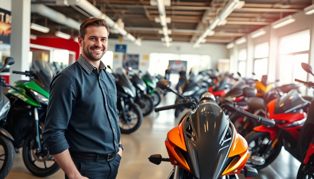 Motorradhändler präsentiert stilvolle Motorräder in einem einladenden Verkaufsraum.