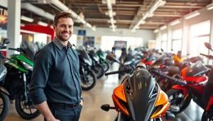Motorradhändler präsentiert stilvolle Motorräder in einem einladenden Verkaufsraum.