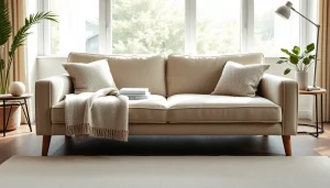 Stylish sofa bed in a bright living room, designed for comfort and elegance.
