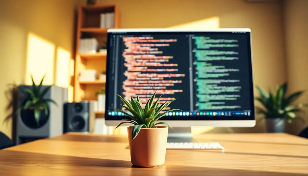 Design workspace showcasing https://albmaftoh.com with computer, greenery, and natural light