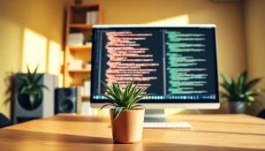 Design workspace showcasing https://albmaftoh.com with computer, greenery, and natural light