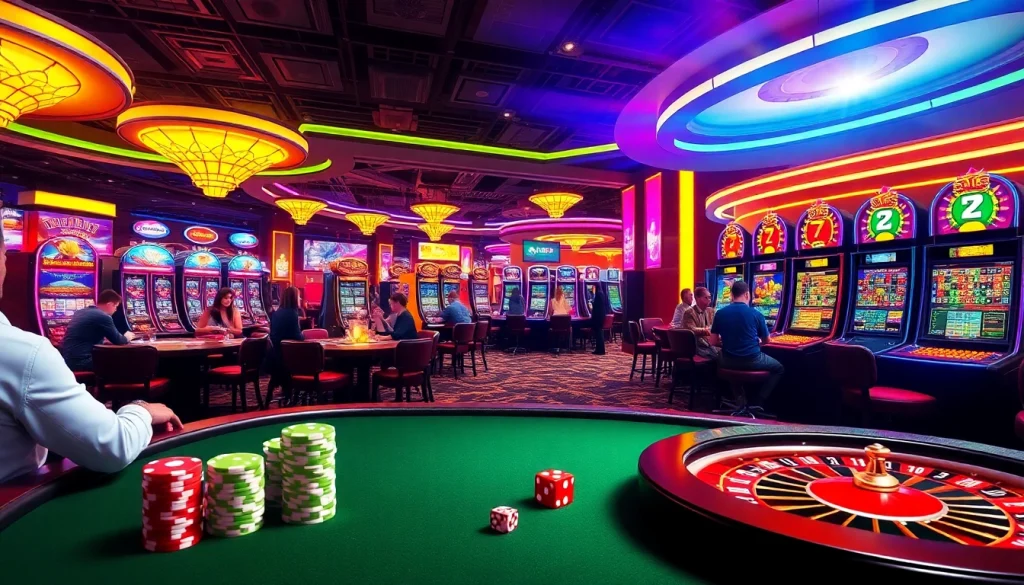 KJC AC 1 - A lively casino scene with poker tables, roulette wheels, and slot machines.