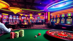 KJC AC 1 - A lively casino scene with poker tables, roulette wheels, and slot machines.