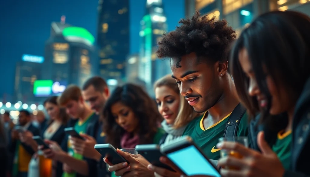 Engage with the best sports betting apps in India through vibrant scenes of diverse bettors excitedly using mobile devices.