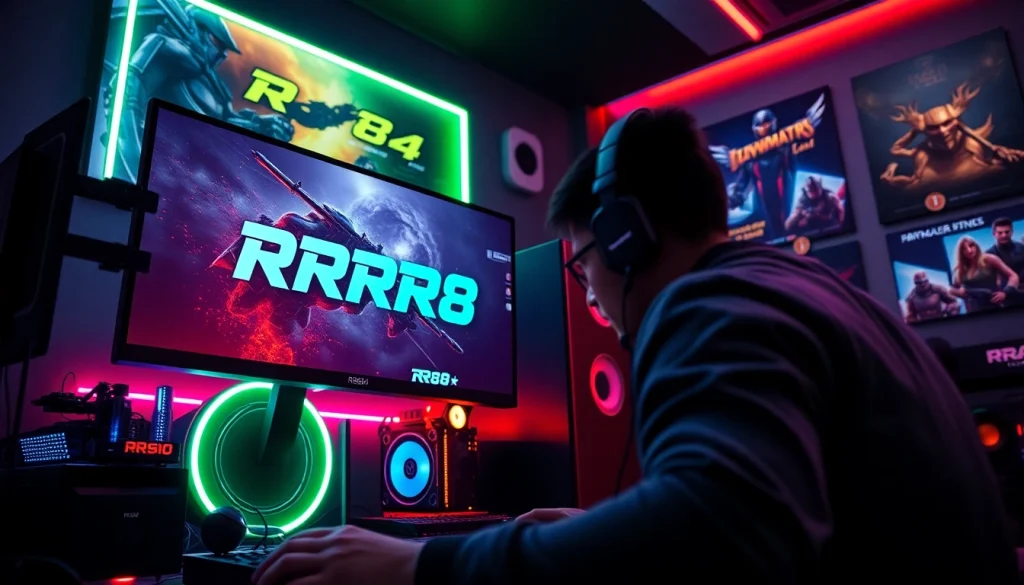 Gamer immersed in a modern RR88 gaming setup with colorful LED lighting creating an energetic atmosphere.