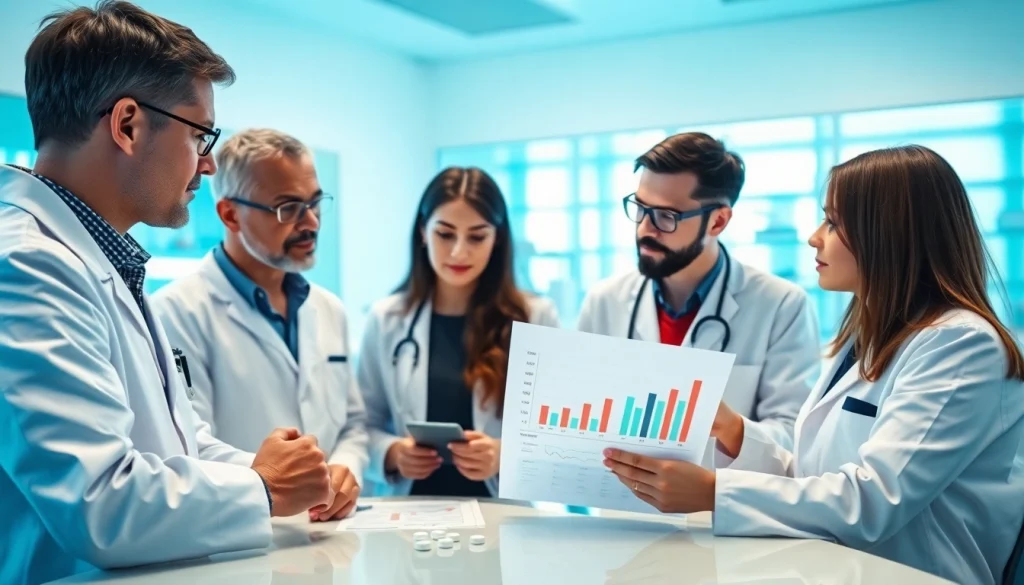 Researching ADAPTABLE Aspirin Study data with a collaborative medical team in a modern lab.