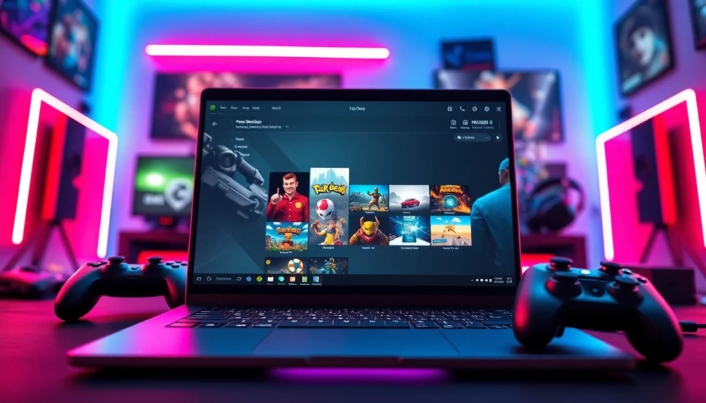 Show the 雷电模拟器官网 interface on a modern gaming laptop with vibrant LED ambient lighting.