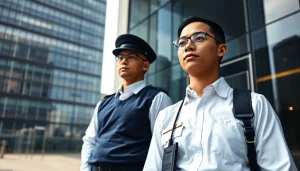 Security Guards safeguarding a corporate building, showcasing alertness and professionalism.