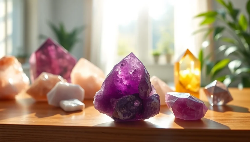 Explore stunning crystals names displayed beautifully on a polished wooden surface in natural light.