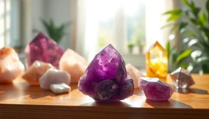 Explore stunning crystals names displayed beautifully on a polished wooden surface in natural light.