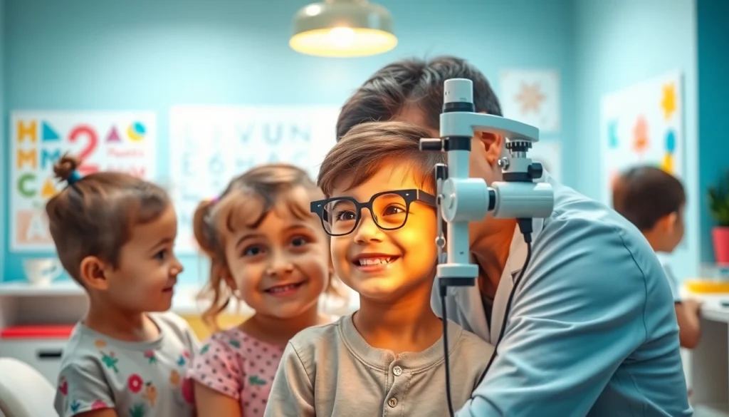 Promoting Our Children's Vision through a joyful eye care scene with children in a colorful clinic.