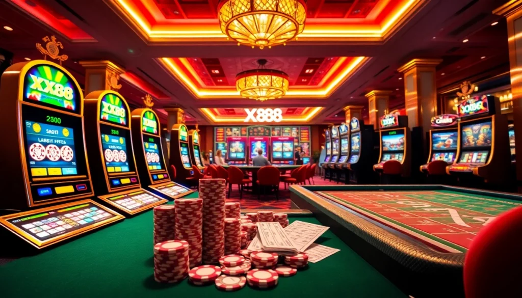 Exciting casino experience featuring slot machines and poker chips with XX88 branding.