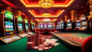 Exciting casino experience featuring slot machines and poker chips with XX88 branding.