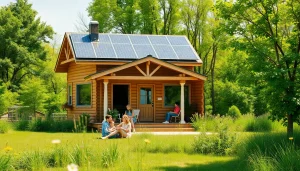 Visualize an off grid home solar system showcasing sustainable living with solar panels in a serene environment.