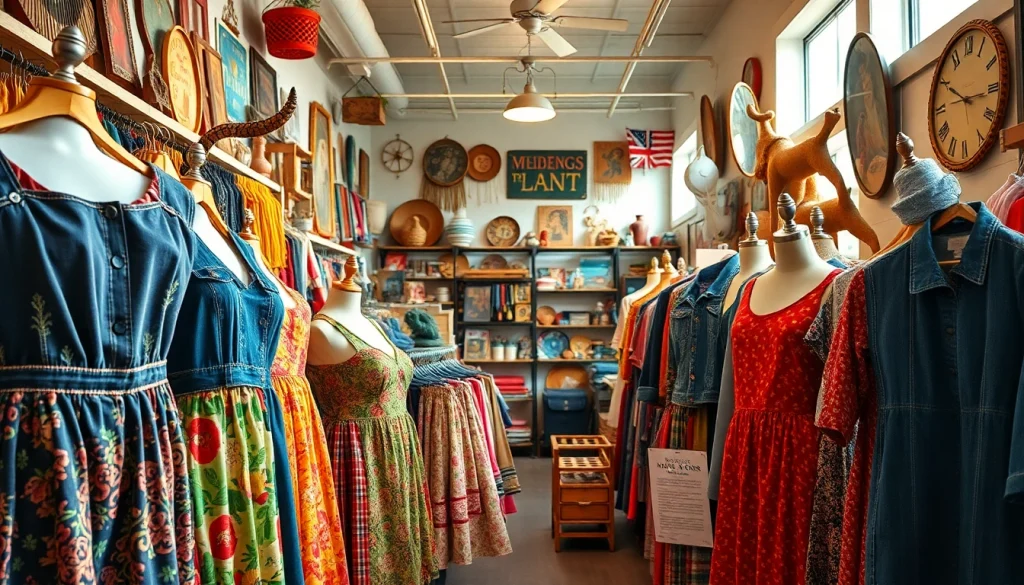 Vintage finds at https://thrift-vintage.com showcasing colorful clothing and eclectic home decor.