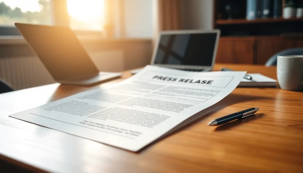 Craft a professional press release document on a desk with a laptop and notebook.