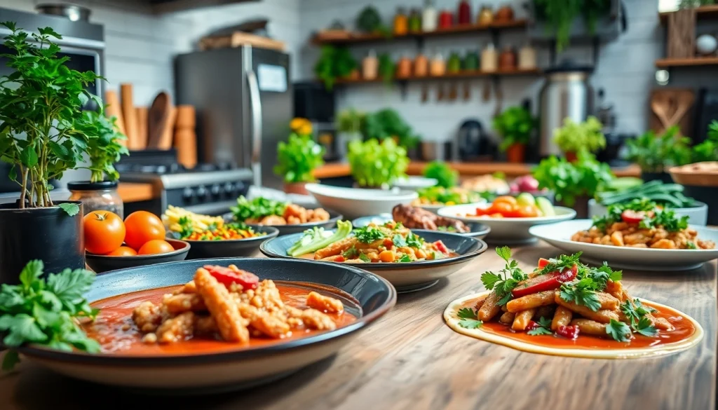 Experience recipesalexarciab.com with a vibrant display of expertly prepared dishes in a cozy kitchen setting.