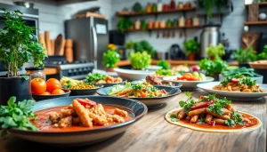 Experience recipesalexarciab.com with a vibrant display of expertly prepared dishes in a cozy kitchen setting.