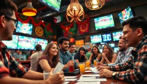Engaged bettors celebrating at the best sports betting sites for Mexico in a lively sports bar.