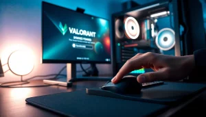 Initiate Valorant download process on a professional gaming setup with monitor and gaming gear.