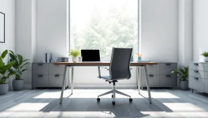 Bekijk de professionele werkruimte van https://www.stofnodig.nl met een modern bureau en natuurlijk licht.