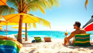 Embrace Cabo Travel & Tourism with a couple relaxing on a sunny beach, surrounded by vibrant colors.