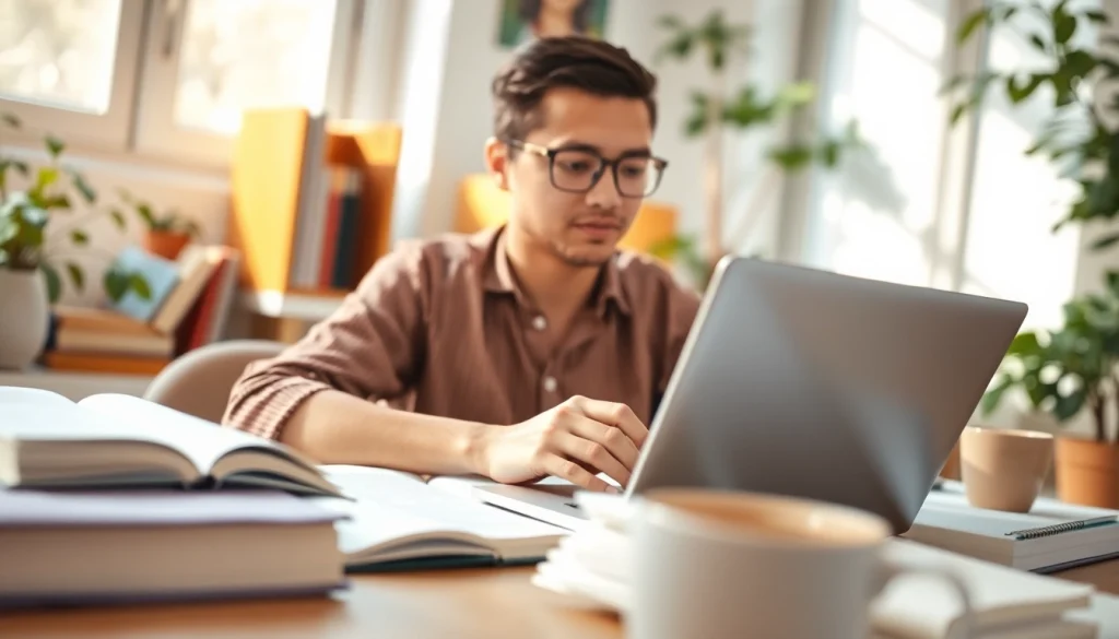 Redactare lucrare licenta în activitate, student concentrat asupra lucrării sale.