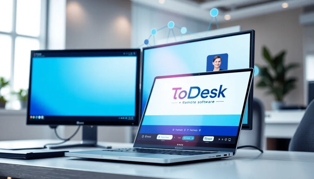 Efficient workspace featuring ToDesk远程软件 on dual monitors, ideal for remote collaboration.